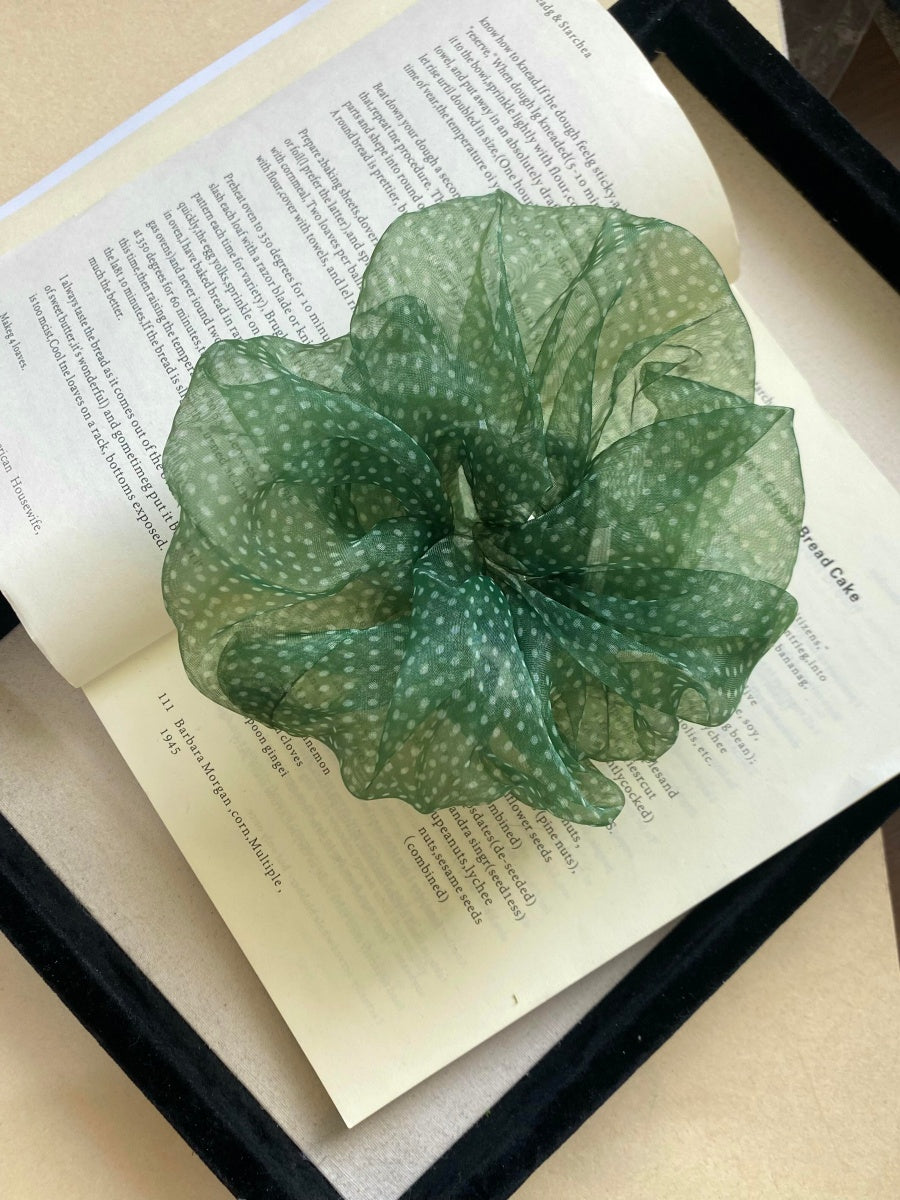 Polka Dot Organza Scrunchie Green Hair Accessory for Women