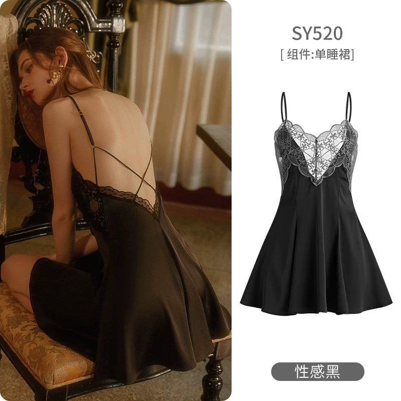 Women's Spaghetti Strap Slit Nightgown with Backless Design