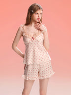 Women's Lace Trim Ice Silk Nightgown with Heart Pattern