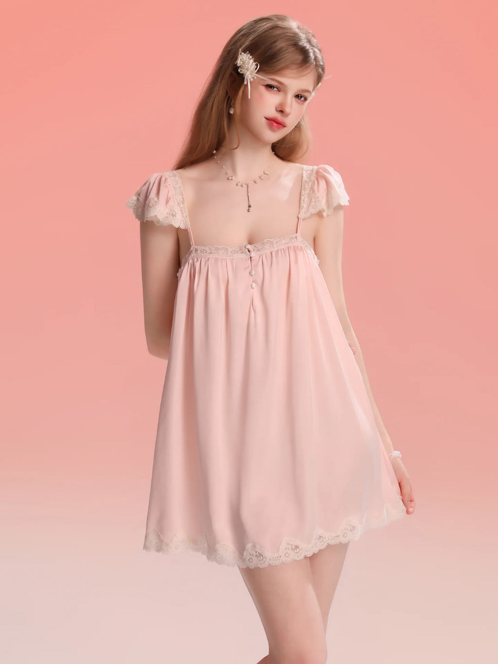 French-Inspired Vintage Nightgown with Flutter Sleeves and Lace Trim