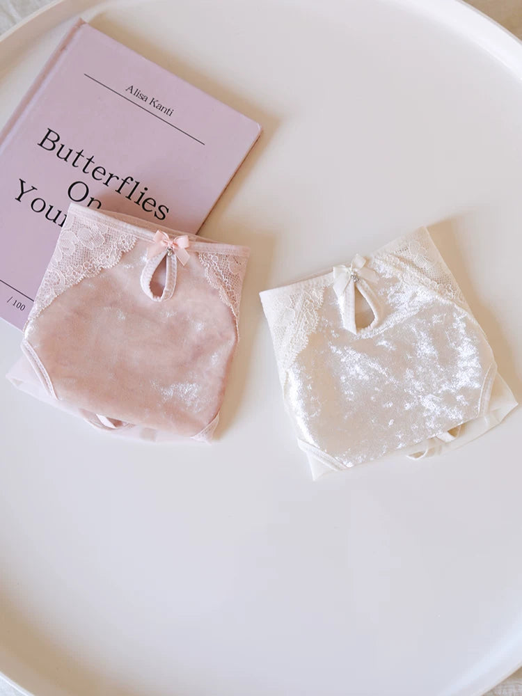 French-Inspired Vintage Mesh Panties with Velvet Bow and Lace Trim