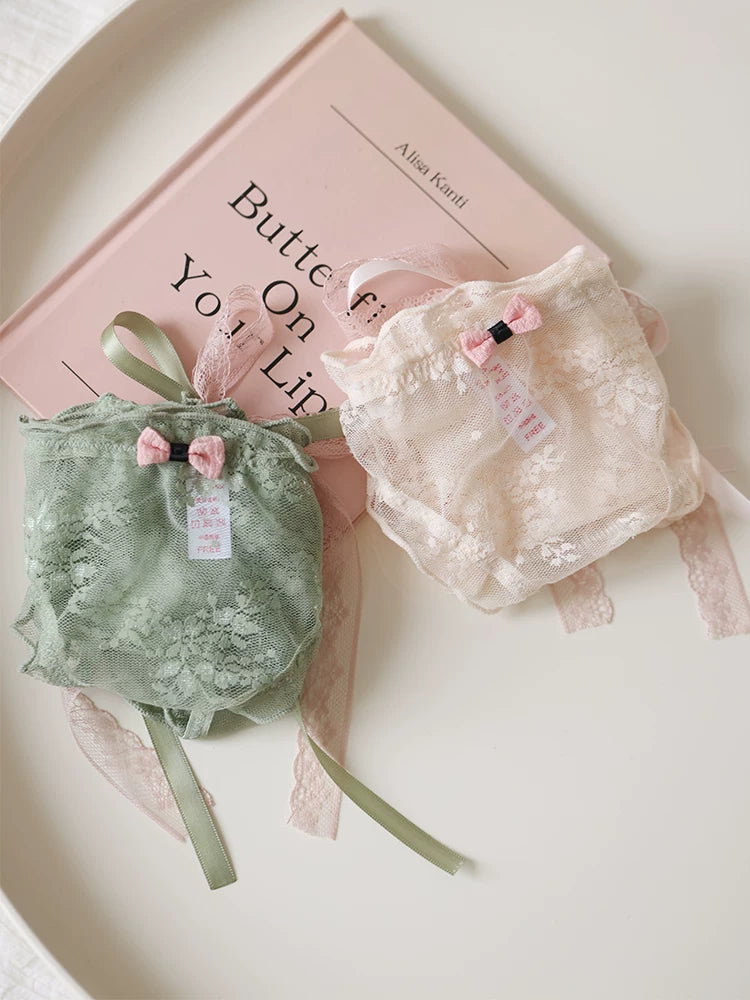 French-Inspired Low-Waist Sheer Mesh Panties with Ribbon Bow and Lace Trim
