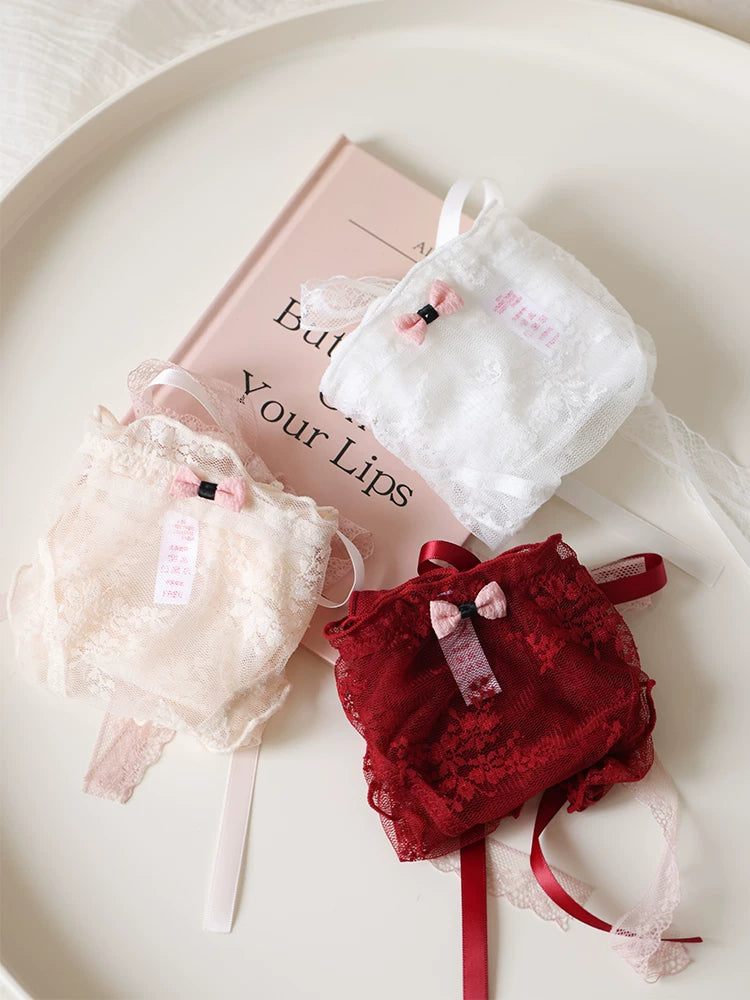 French-Inspired Low-Waist Sheer Mesh Panties with Ribbon Bow and Lace Trim