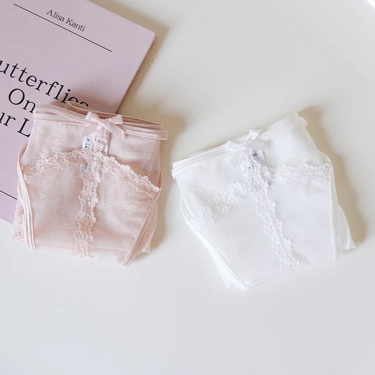 French-Inspired Vintage Mesh Panties with Bow Detail and Lace Trim