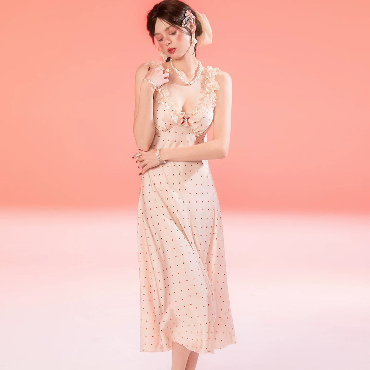 Women's Lace Trim Ice Silk Nightgown with Heart Pattern