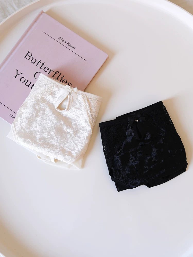 French-Inspired Vintage Mesh Panties with Velvet Bow and Lace Trim