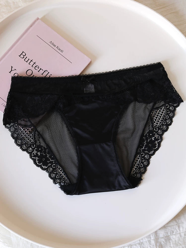 Luxury Low-Waist Satin Panties with Lace Mesh and Pure Cotton Crotch