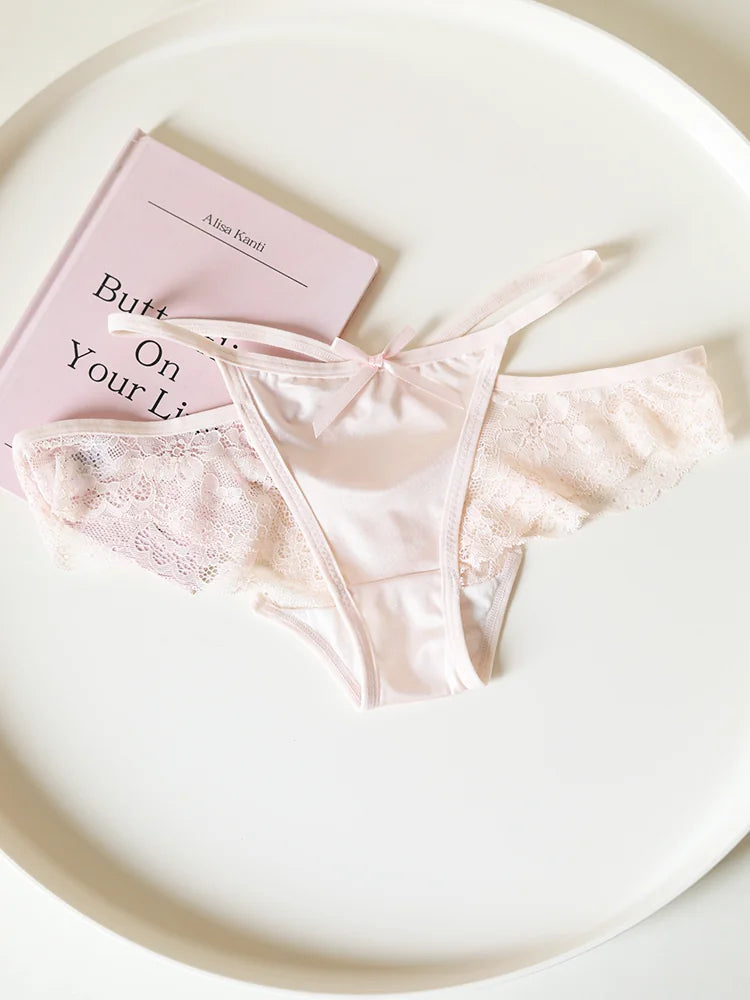 Women's Cross-Back Thong Panties with Bow and Lace Trim