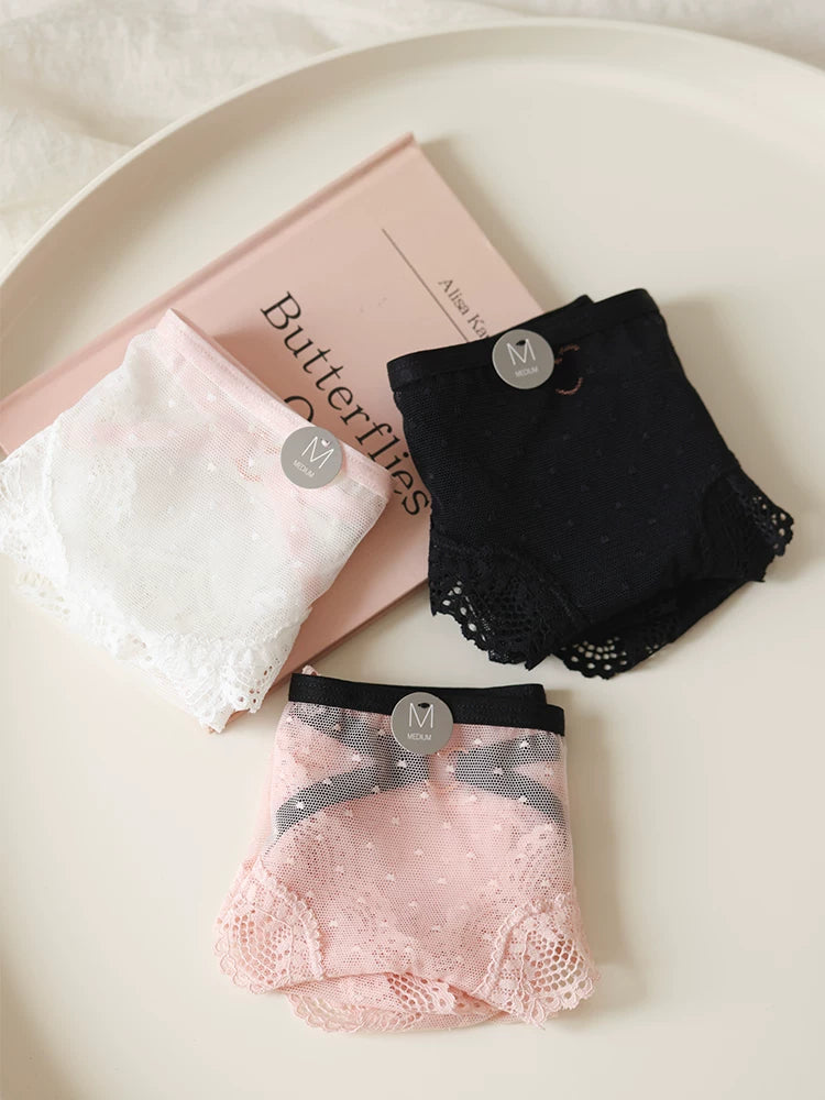 French-Style Lace Panties with Heart Cutout and Mesh Trim