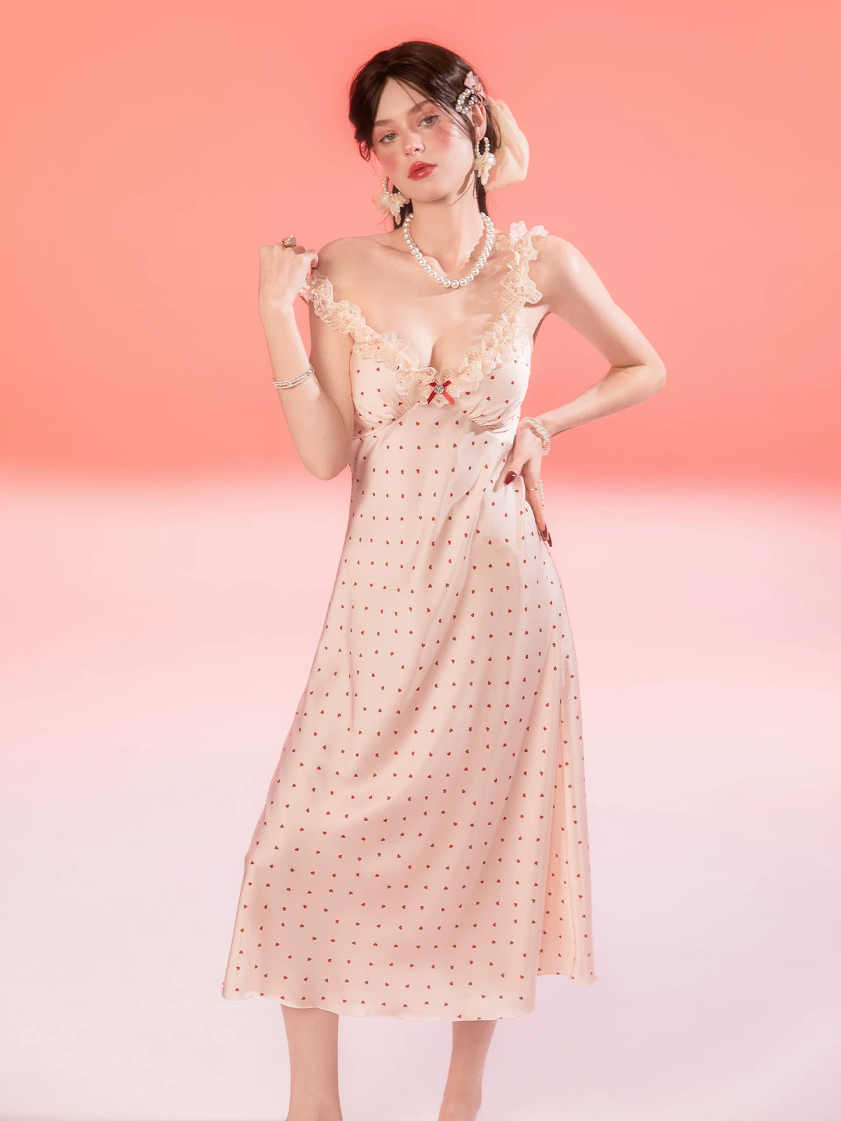 Women's French-Inspired Polka Dot Nightdress with Lace Trim