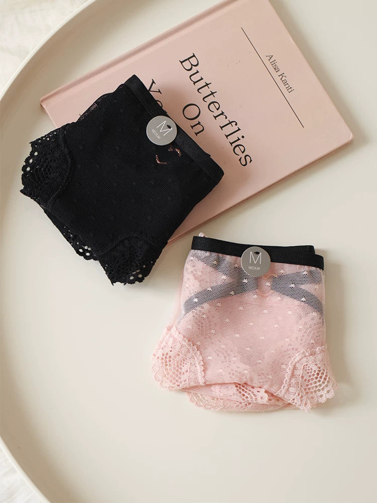 French-Style Lace Panties with Heart Cutout and Mesh Trim