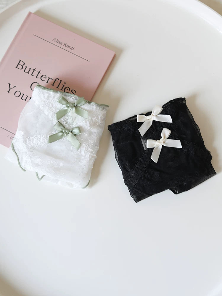 French-Inspired Vintage Mesh Panties with Double Bow and Lace Trim