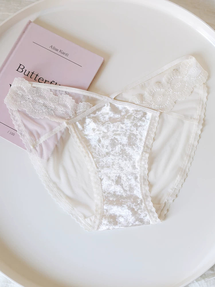 Velvet Mesh Lace Panties with Straps and Cotton Crotch