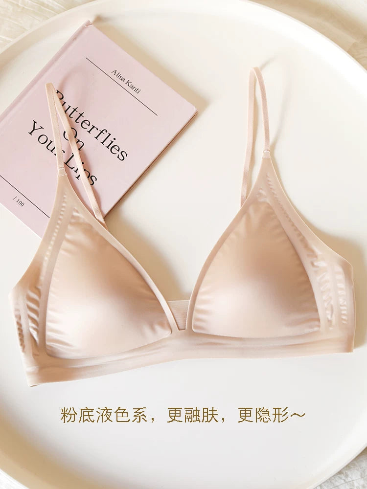 French-Inspired Seamless Satin Triangle Bra with Deep V and Thin Straps