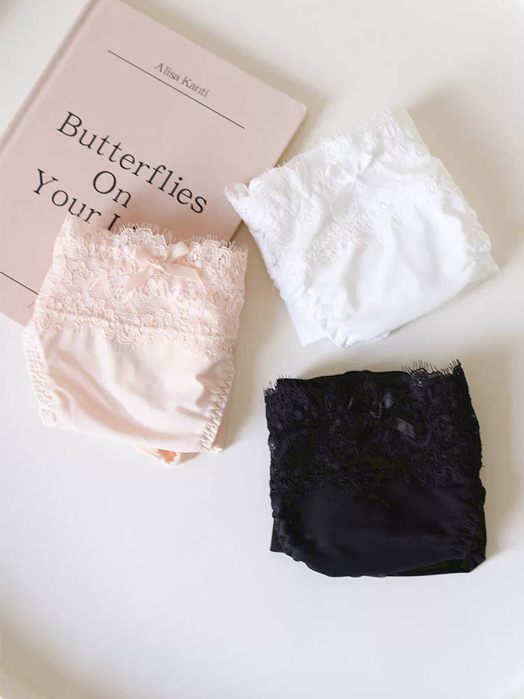 French-Inspired Soft Ice Silk Panties with Bow and Lace Trim