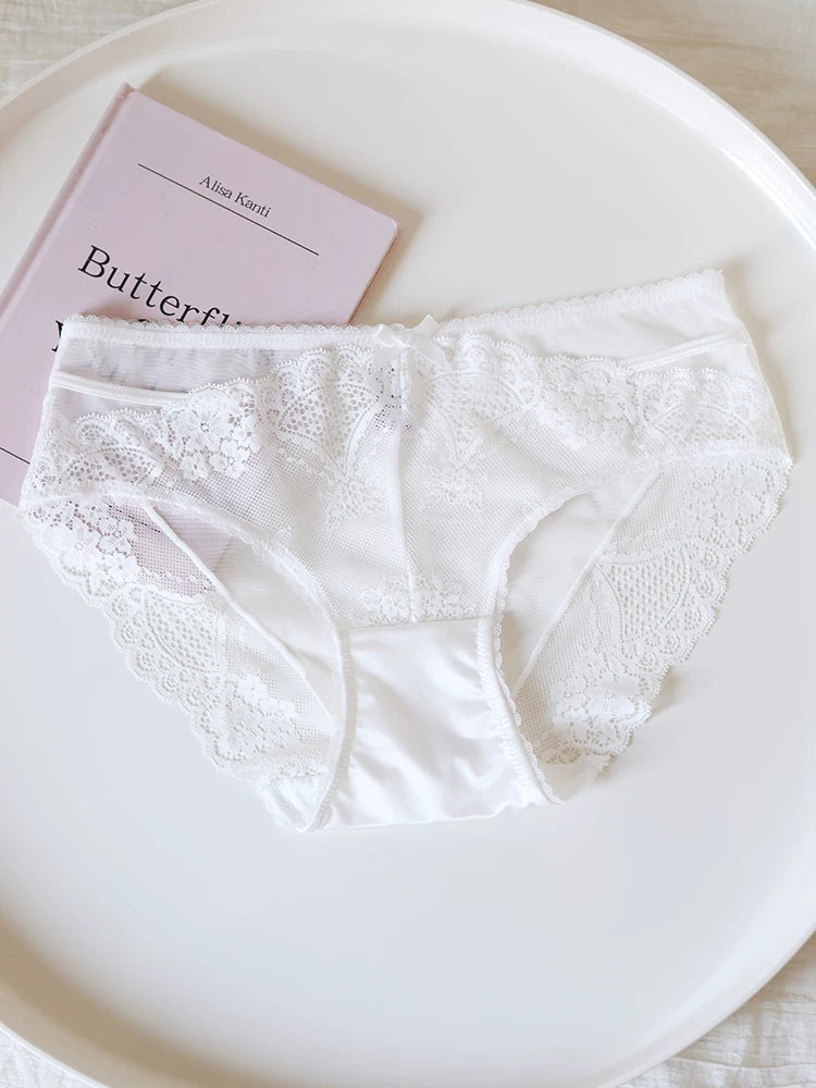 French-Inspired Floral Panties with Bow Embroidery and Lace Trim
