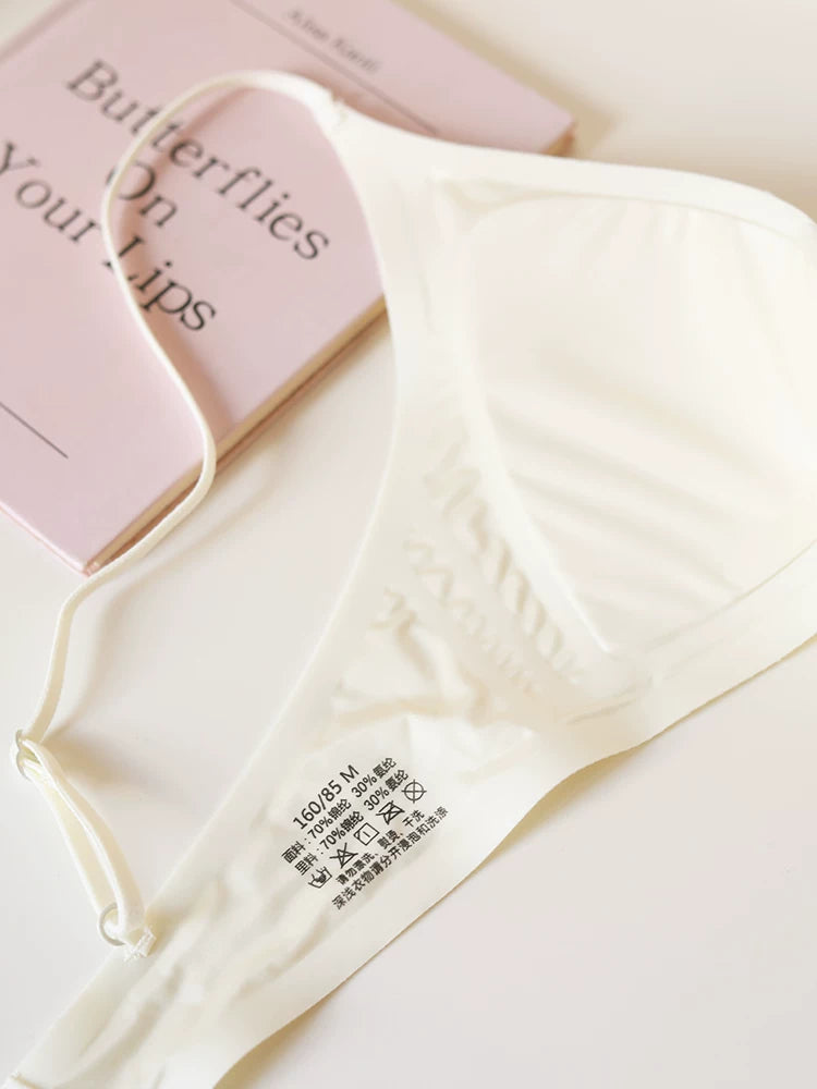 Seamless Lightweight Satin Deep V Triangle Cup Wireless Bra with Thin Straps