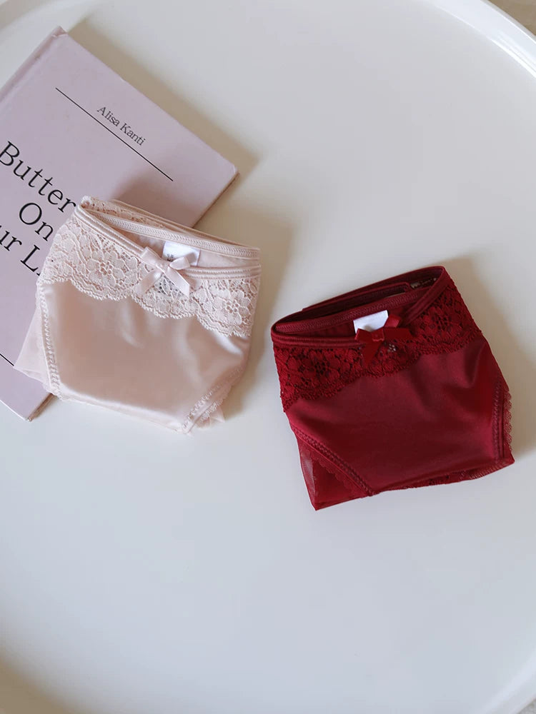 Luxury Satin Lace-Trimmed Low-Waist Briefs with Mesh and Cotton Crotch
