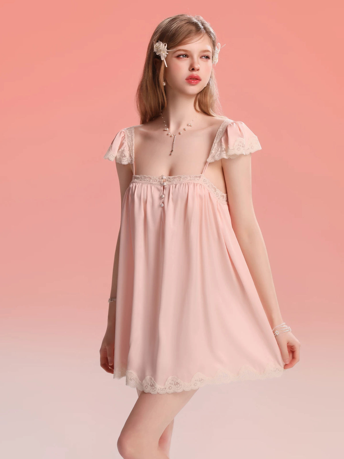 French-Inspired Vintage Nightgown with Flutter Sleeves and Lace Trim