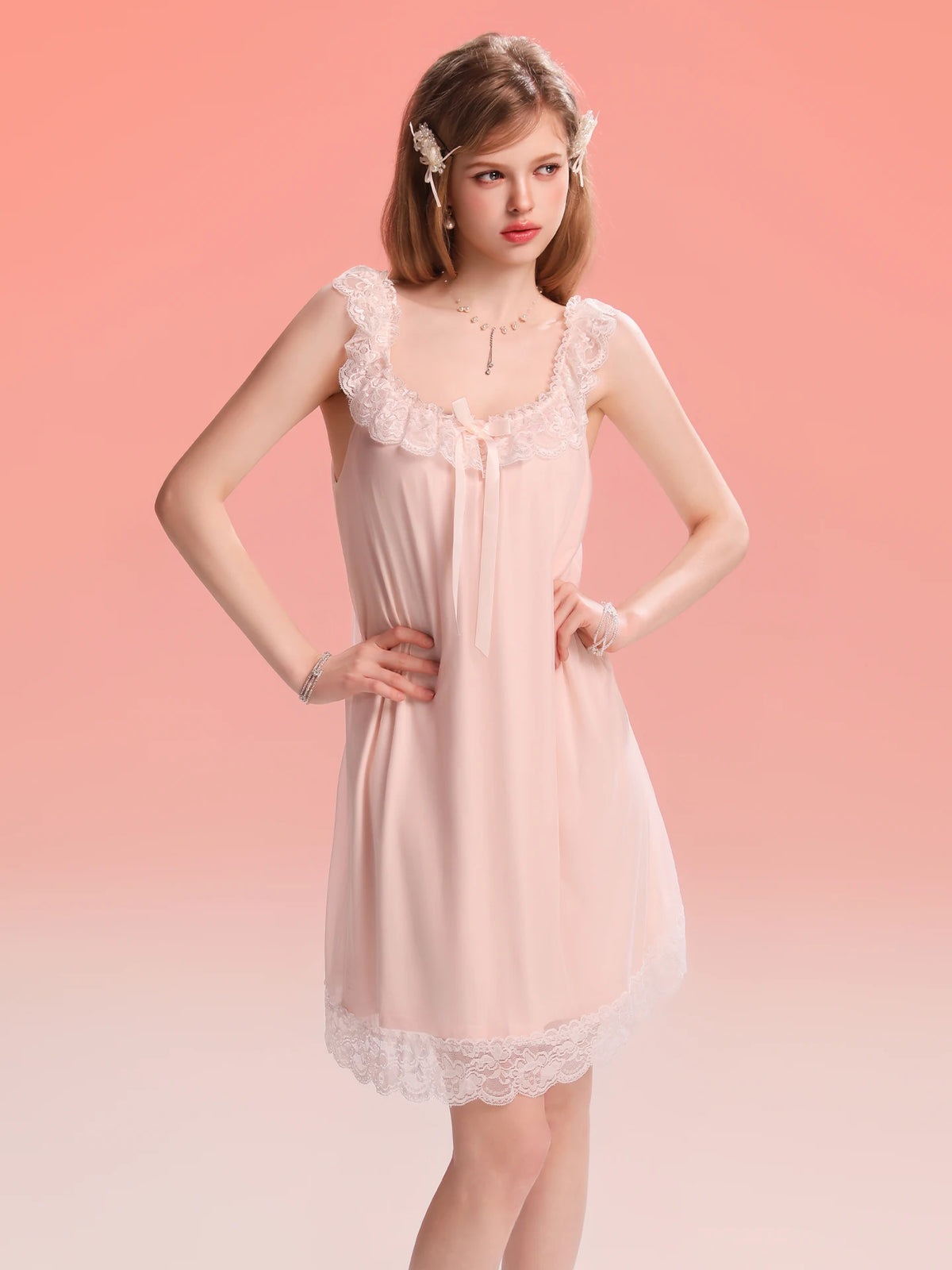 French-Inspired Vintage Camisole Nightgown with Lace Trim and Alluring Slit