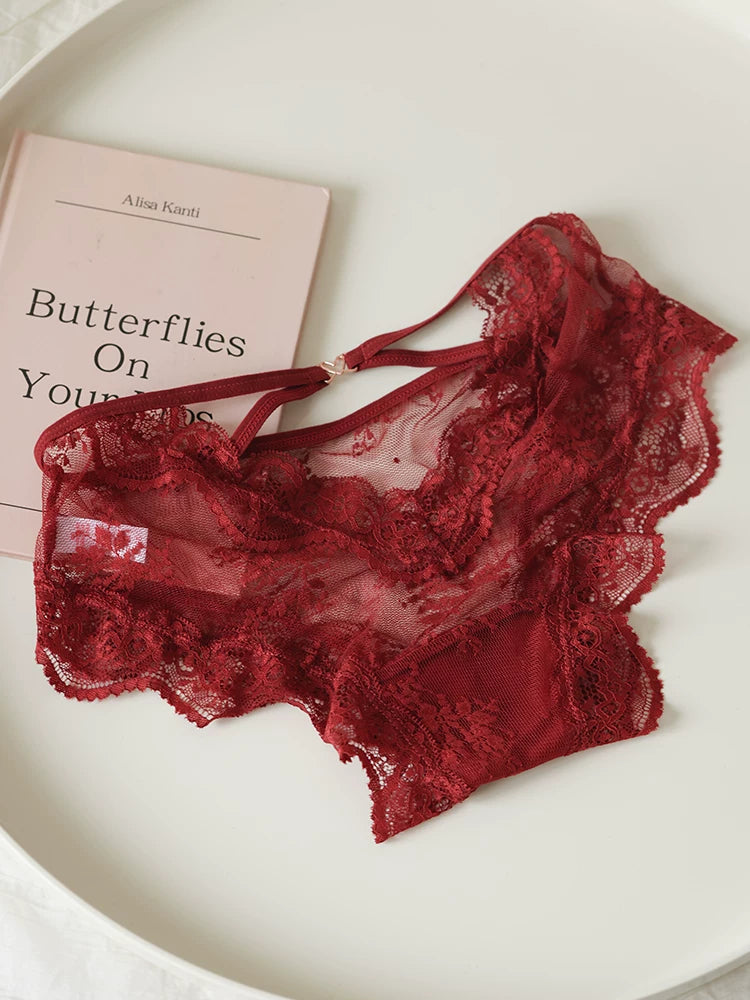 French-Inspired Lace Panties with Mesh Hollow-Out and Pure Cotton Crotch