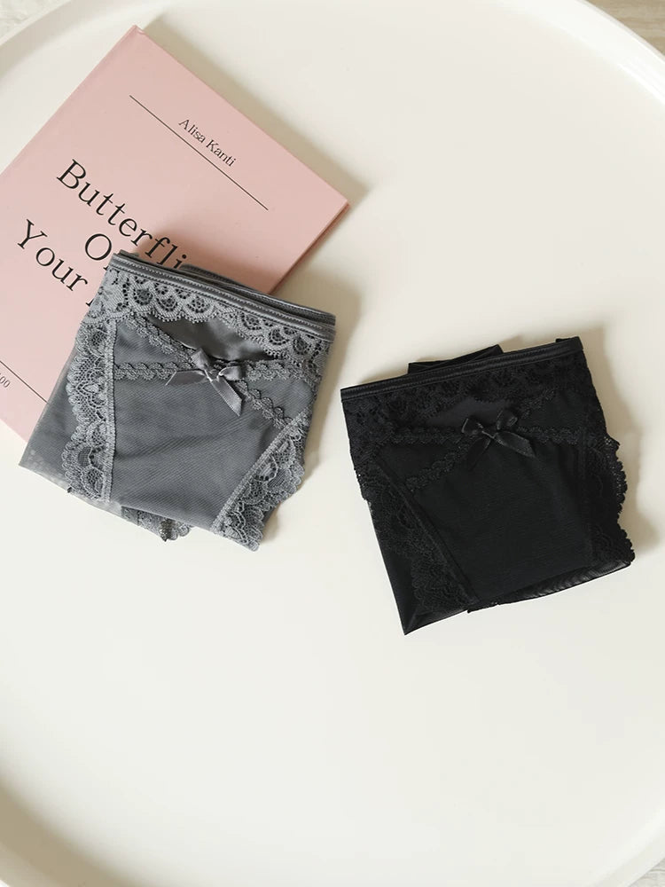 French-Inspired Vintage Mesh Panties with Bow and Lace Trim