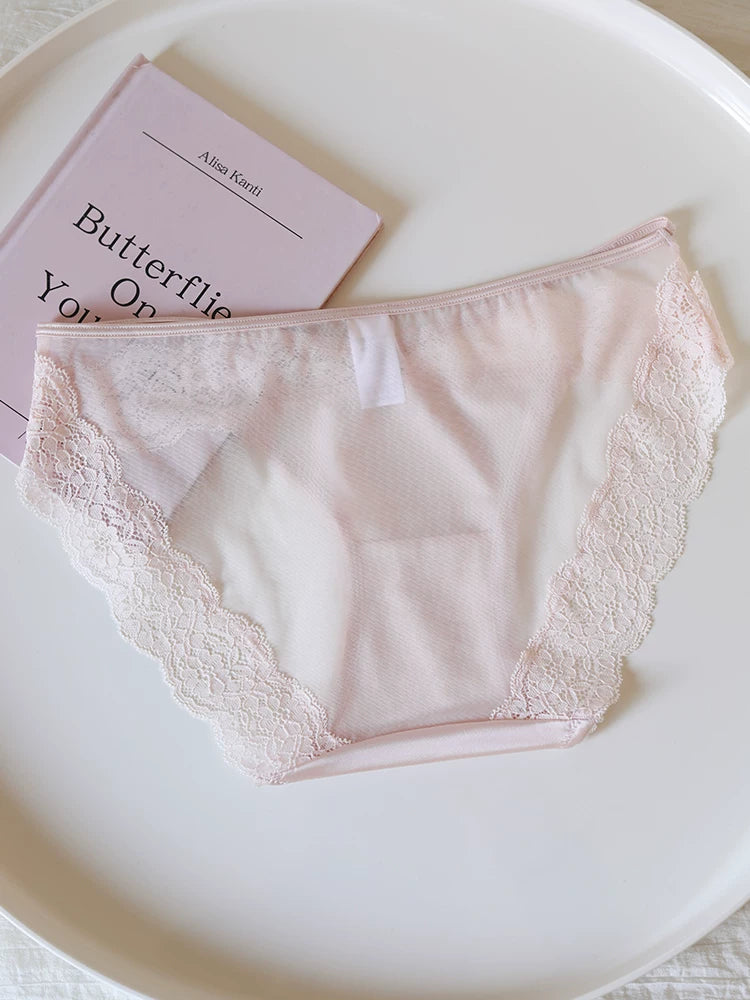 Luxury Satin Lace-Trimmed Low-Waist Briefs with Mesh and Cotton Crotch