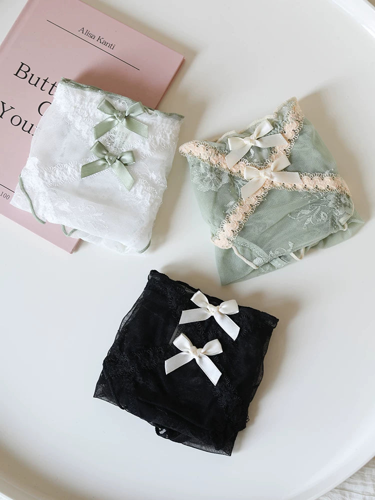 French-Inspired Vintage Mesh Panties with Double Bow and Lace Trim