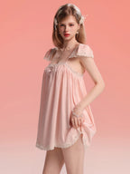 French-Inspired Vintage Nightgown with Flutter Sleeves and Lace Trim