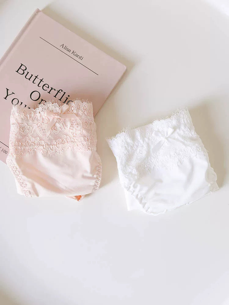 French-Inspired Soft Ice Silk Panties with Bow and Lace Trim