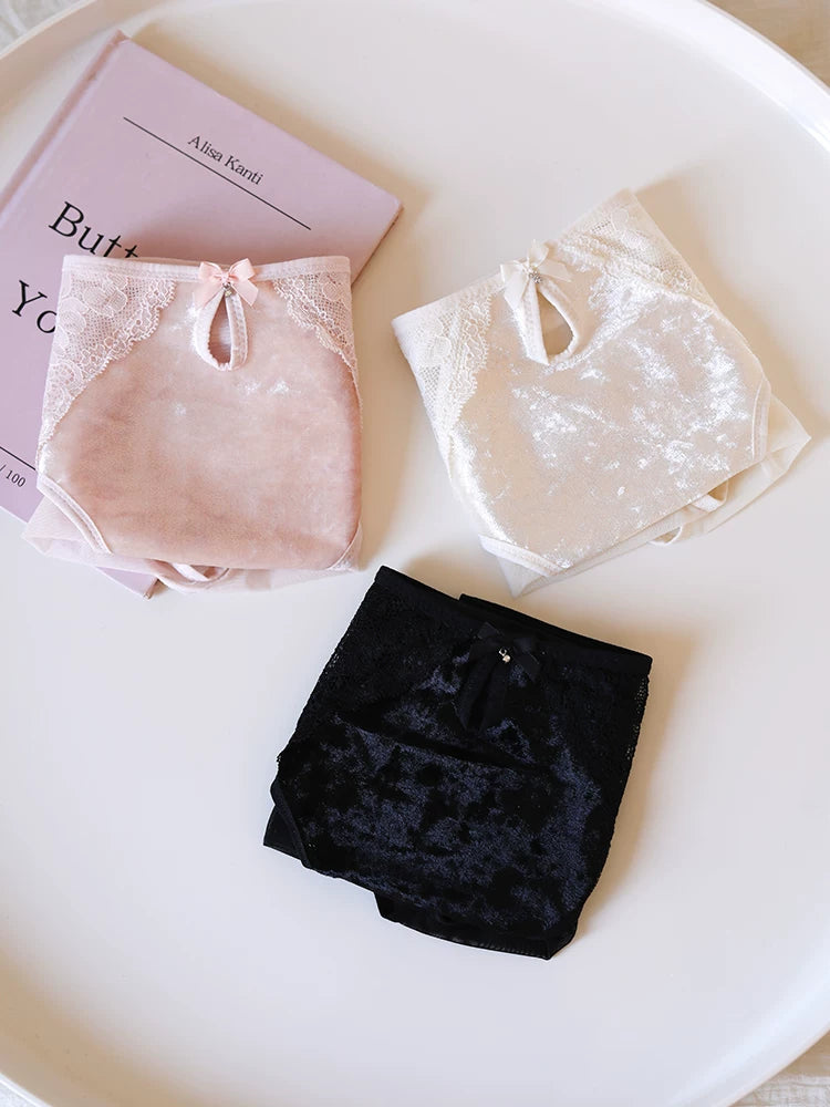 French-Inspired Vintage Mesh Panties with Velvet Bow and Lace Trim