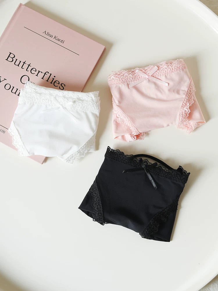 Low-Waist Ice Silk Panties with Bow Tie String and Lace Trim