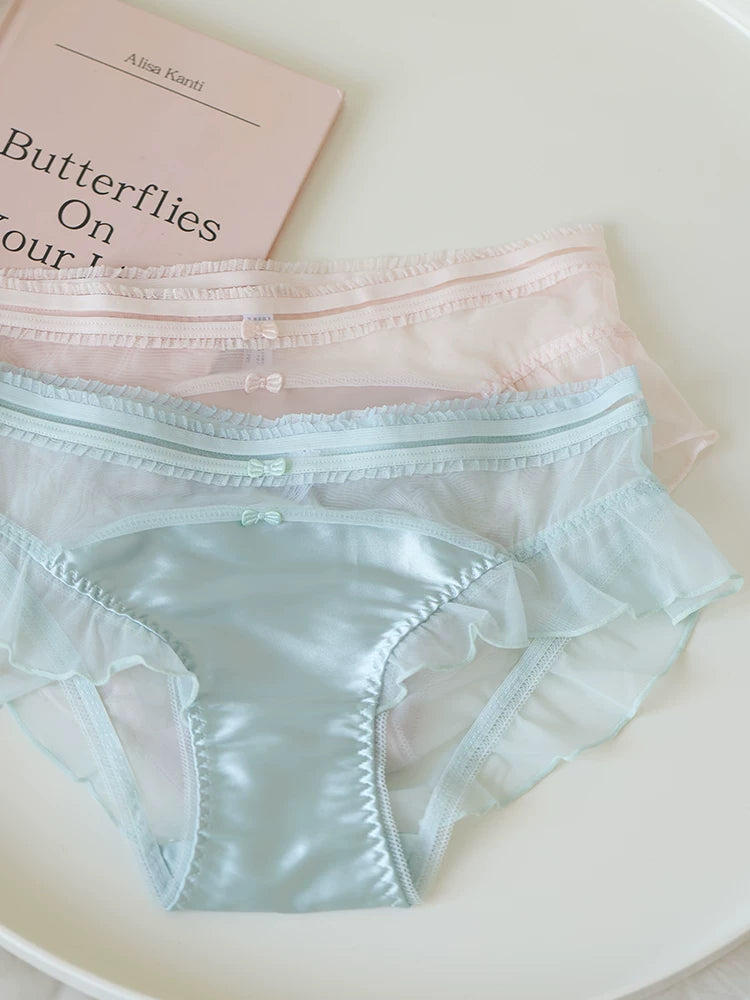 French-Inspired Vintage Bow-Knot Satin Panties with Mesh and Lace Trim