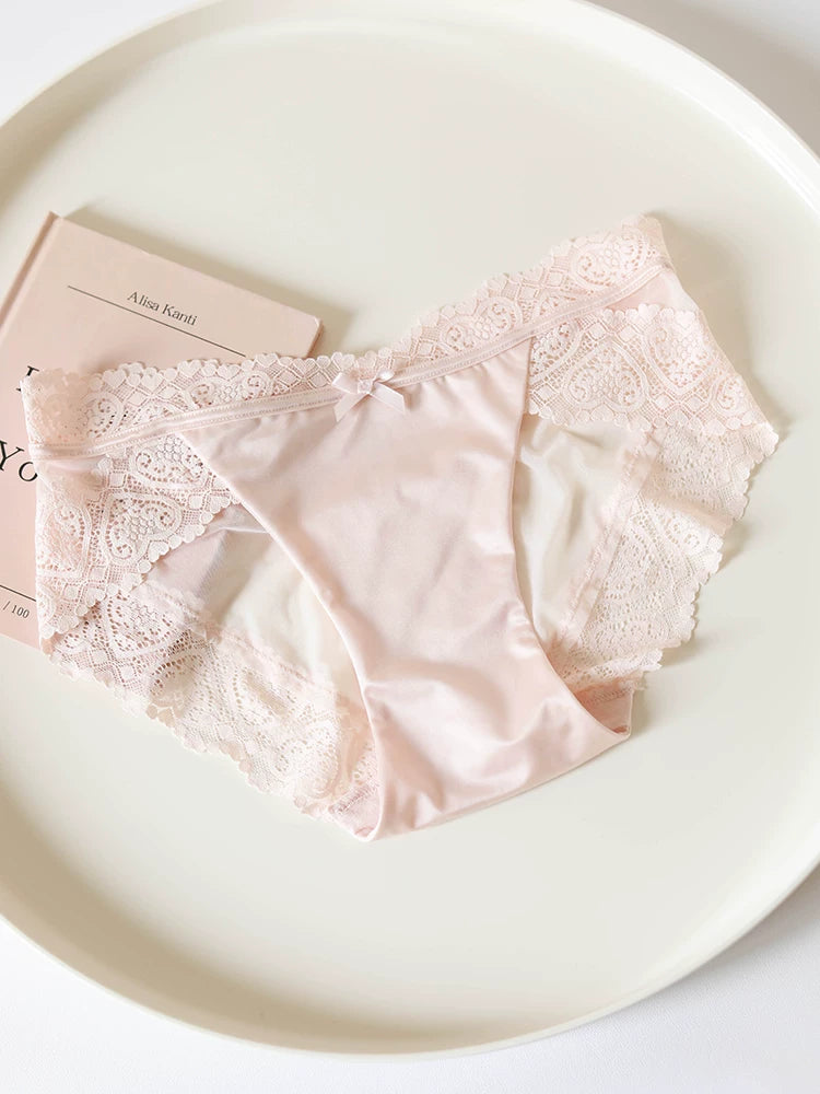 French-Inspired Vintage Satin Panties with Bow and Lace Trim