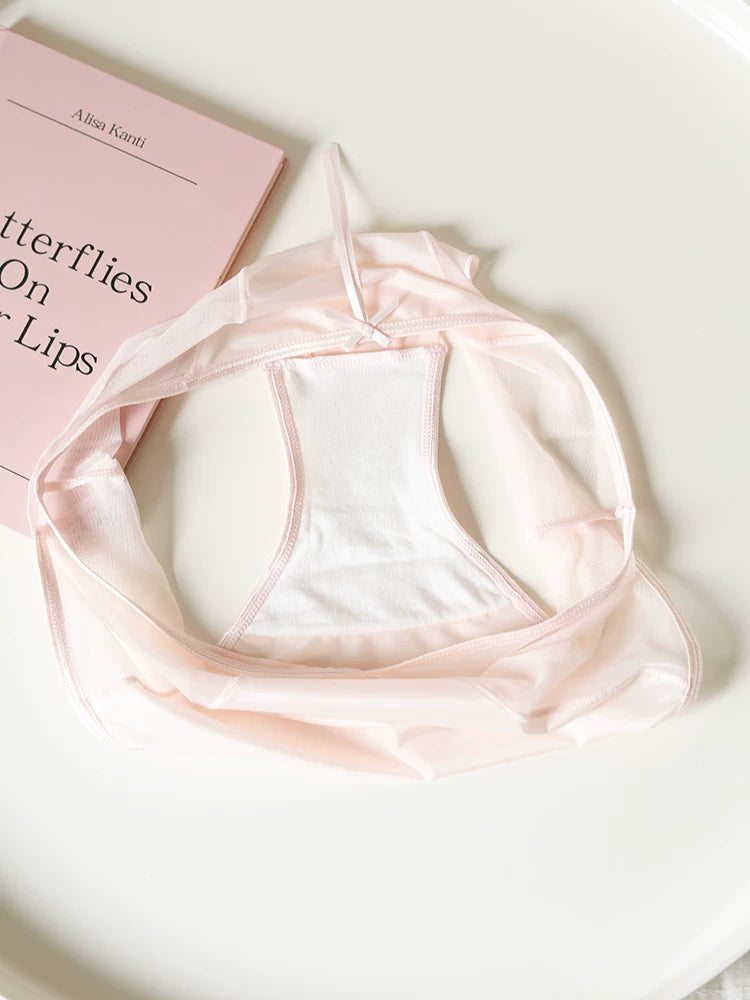 French-Inspired Luxury Satin Mesh Panties with Bow and Lace Trim