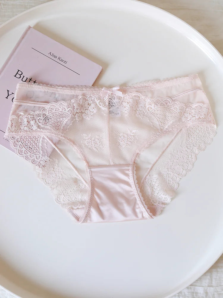 French-Inspired Floral Panties with Bow Embroidery and Lace Trim