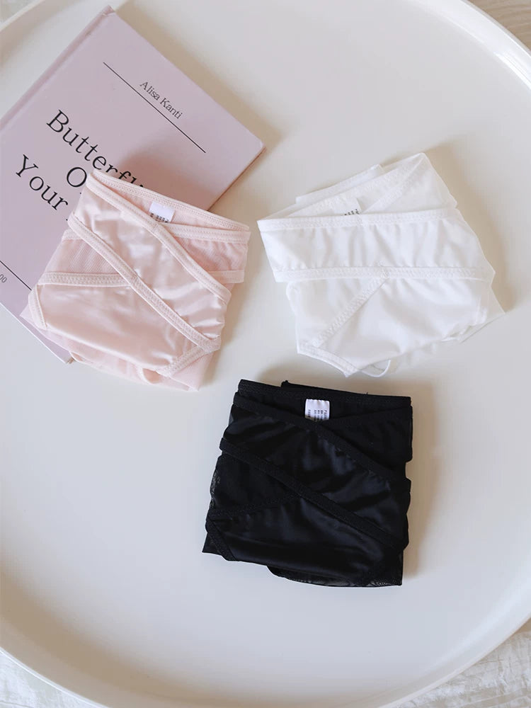 Cross-Cut Hollow-Out Sheer Mesh Lace Panties with Cotton Crotch
