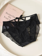 French-Inspired Vintage Panties with Bow Embroidery and Cutout Mesh