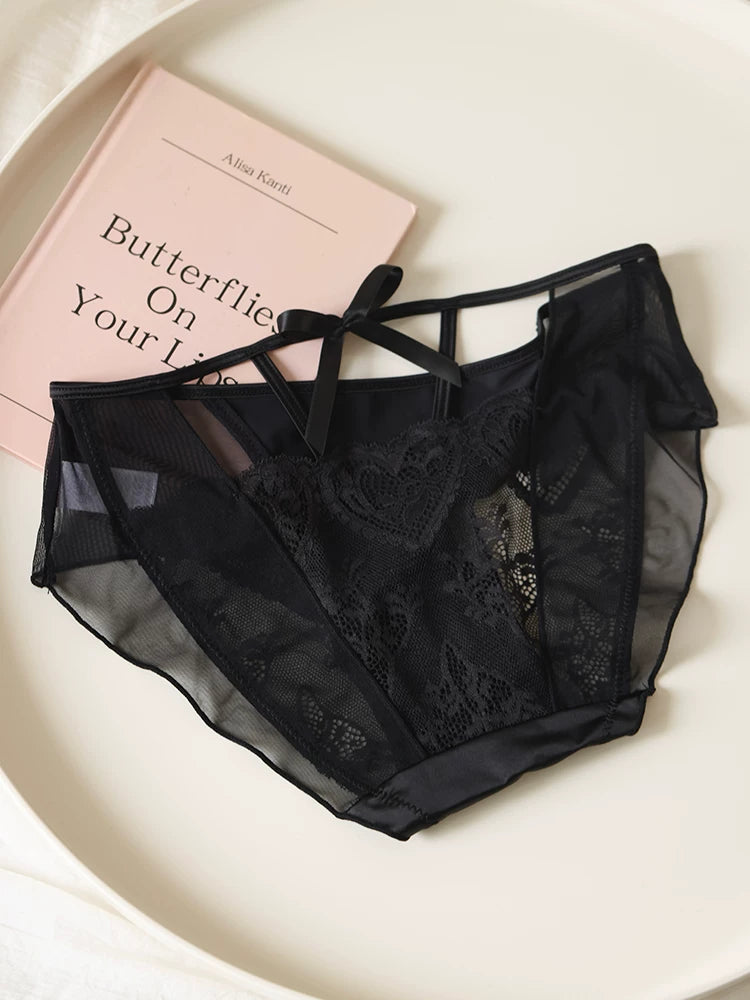 French-Inspired Vintage Panties with Bow Embroidery and Cutout Mesh