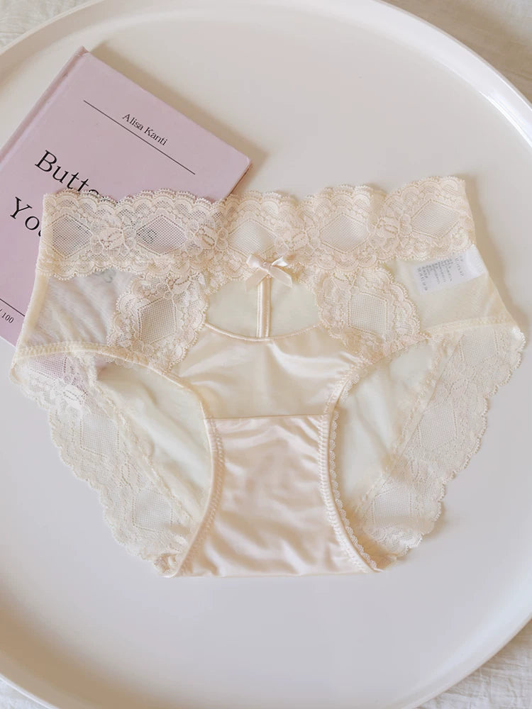 Mid-Waist Satin Mesh Panties with Lace Trim