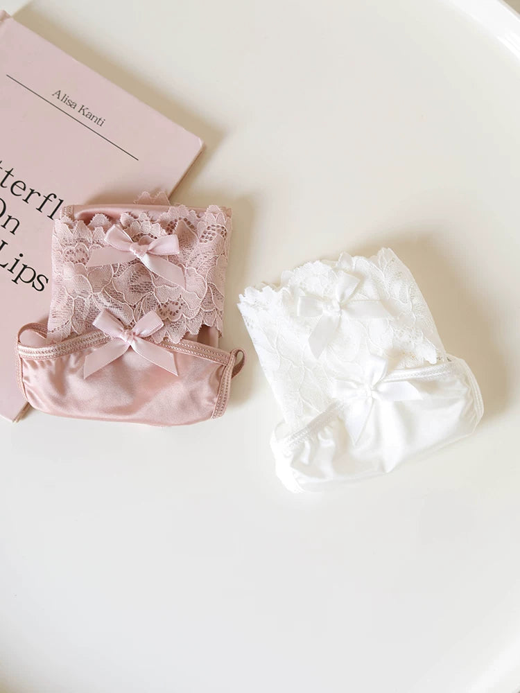 French-Inspired Vintage Panties with Bow Embroidery and Lace Trim