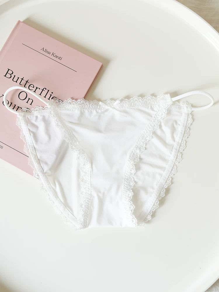 Low-Waist Ice Silk Panties with Bow Tie String and Lace Trim