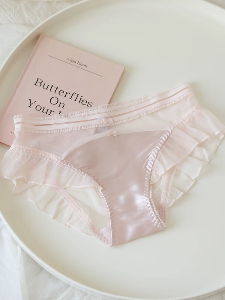 French-Inspired Vintage Bow-Knot Satin Panties with Mesh and Lace Trim