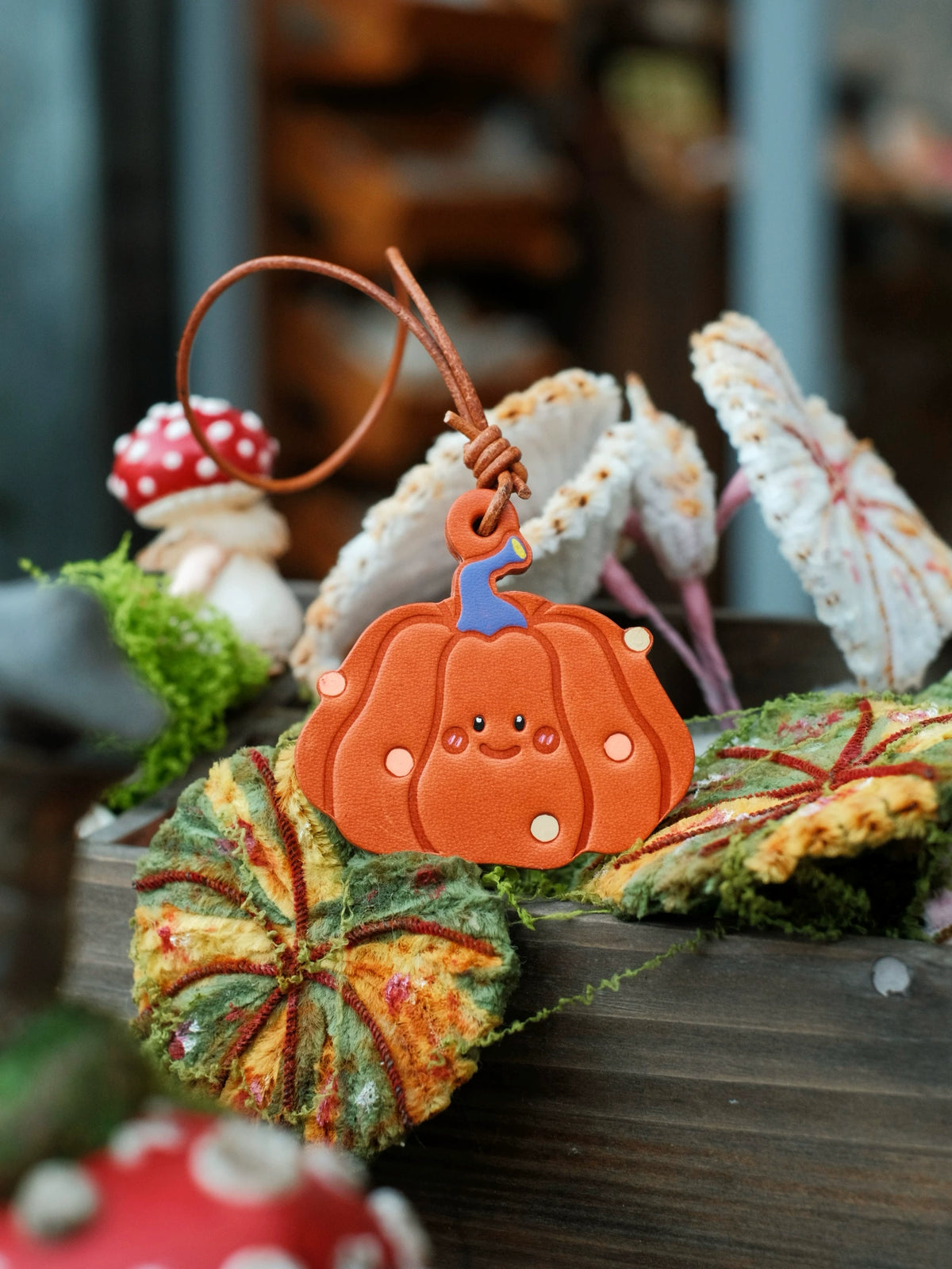Cute Handmade Cowhide Leather Halloween Pumpkin Keychain Accessory
