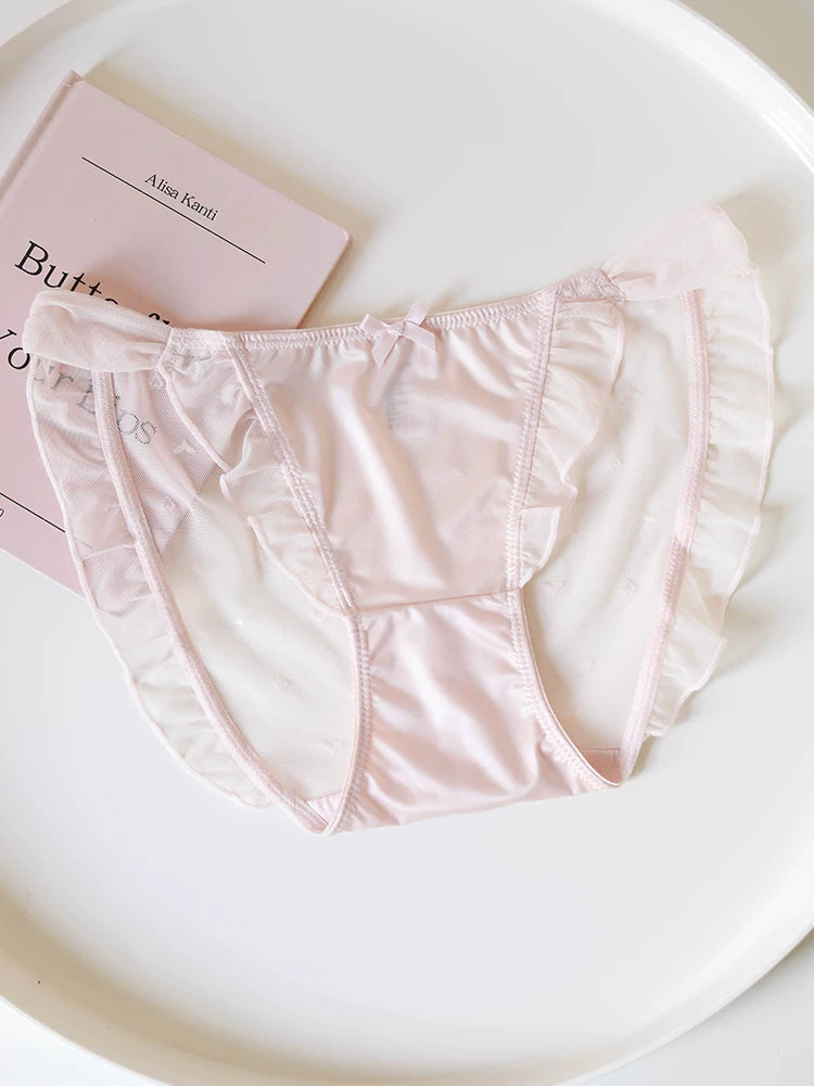 French-Inspired Low-Waist Mesh Satin Panties with Ruffle Lace Trim