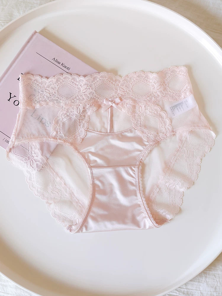 Mid-Waist Satin Mesh Panties with Lace Trim