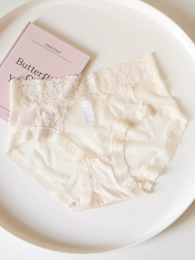 French-Inspired Vintage Mesh Panties with Lace Trim and Cotton Crotch