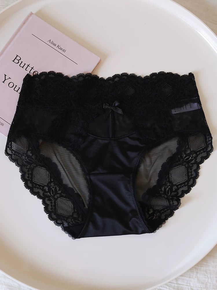Mid-Waist Satin Mesh Panties with Lace Trim
