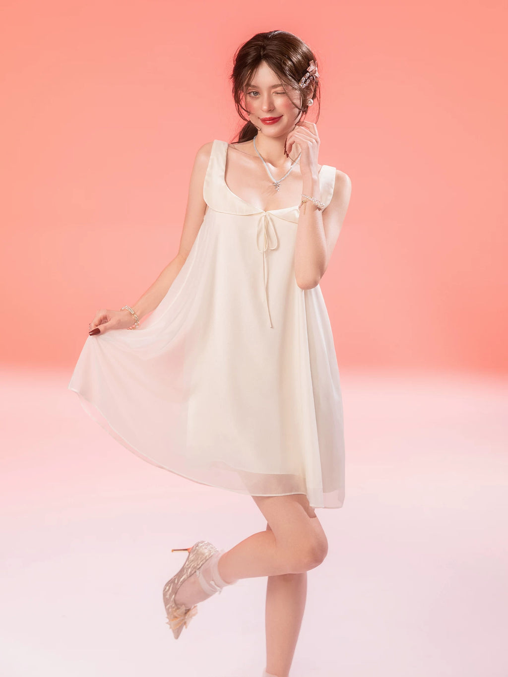 French-Inspired Vintage Mesh Nightdress with Doll Collar and Gauze Trim