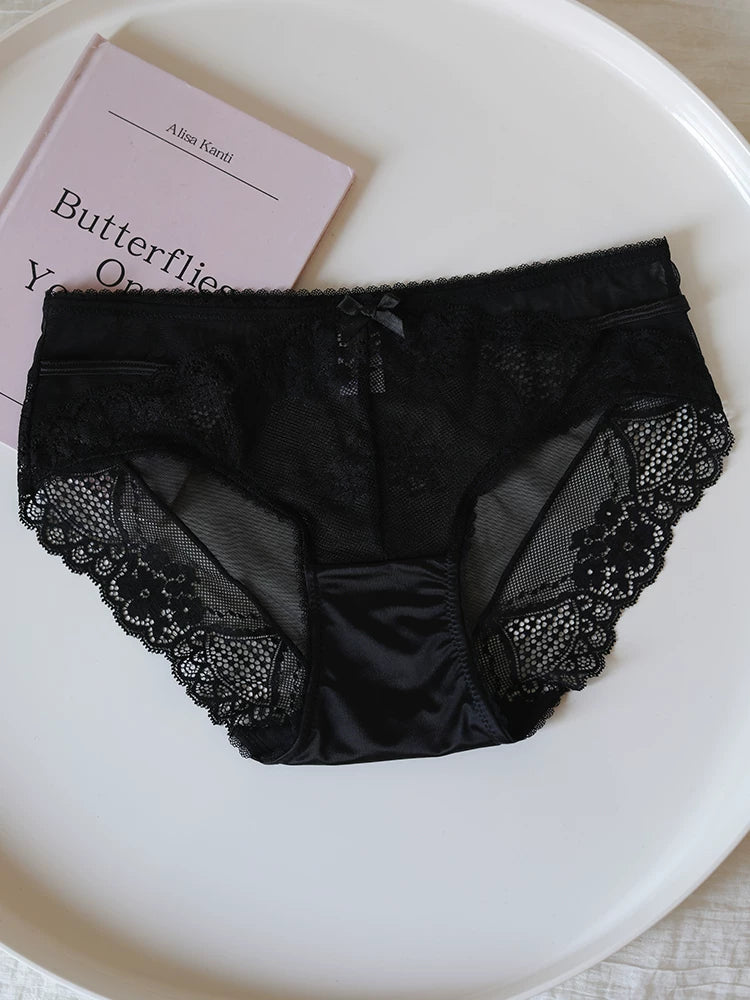 French-Inspired Floral Panties with Bow Embroidery and Lace Trim